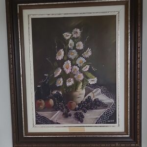 Framed Daisy Bouquet Painting in White and Green